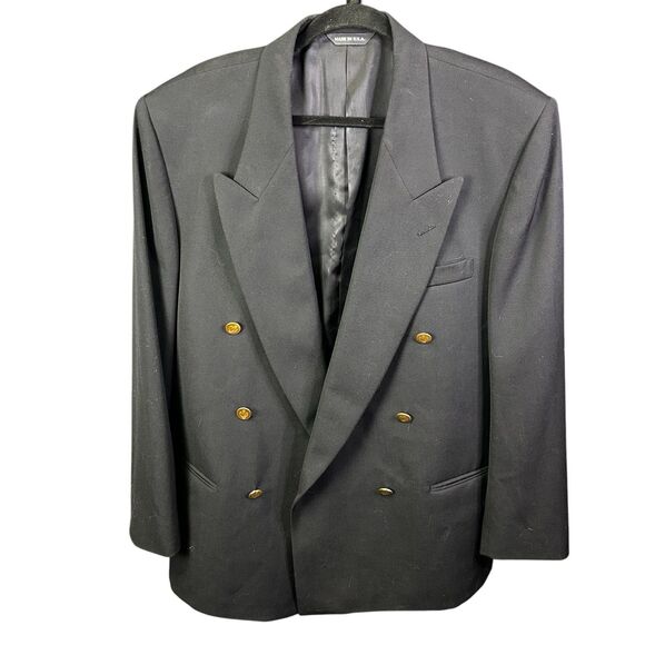 Perry Ellis Men’s Gold Button Double Breasted Black Dress Coat - Picture 1 of 7